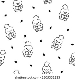 Cute kawaii little chick. Seamless pattern. Coloring Page. Cartoon baby farm birds characters. Hand drawn style. Vector drawing. Design ornaments.