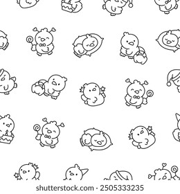 Cute kawaii little chick. Seamless pattern. Coloring Page. Cartoon baby farm birds characters. Hand drawn style. Vector drawing. Design ornaments.