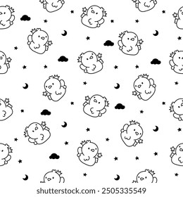 Cute kawaii little chick. Seamless pattern. Coloring Page. Cartoon baby farm birds characters. Hand drawn style. Vector drawing. Design ornaments.