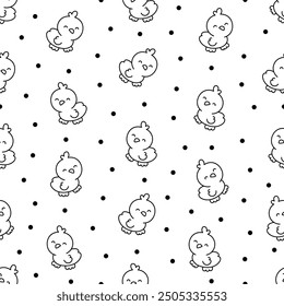 Cute kawaii little chick. Seamless pattern. Coloring Page. Cartoon baby farm birds characters. Hand drawn style. Vector drawing. Design ornaments.