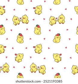 Cute kawaii little chick. Seamless pattern. Cartoon baby farm birds characters. Hand drawn style. Vector drawing. Design ornaments.