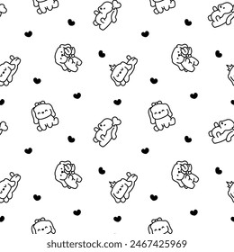 Cute kawaii little dog. Seamless pattern. Coloring Page. Pet cartoon character. Hand drawn style. Vector drawing. Design ornaments.