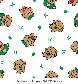 Cute kawaii little dog. Seamless pattern. Pet cartoon character. Hand drawn style. Vector drawing. Design ornaments.