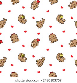 Cute kawaii little dog. Seamless pattern. Pet cartoon character. Hand drawn style. Vector drawing. Design ornaments.