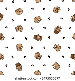 Cute kawaii little dog. Seamless pattern. Pet cartoon character. Hand drawn style. Vector drawing. Design ornaments.