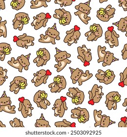 Cute kawaii little dog. Seamless pattern. Pet cartoon character. Hand drawn style. Vector drawing. Design ornaments.