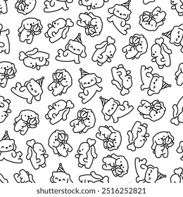 Cute kawaii little dog. Seamless pattern. Coloring Page. Pet cartoon character. Hand drawn style. Vector drawing. Design ornaments.