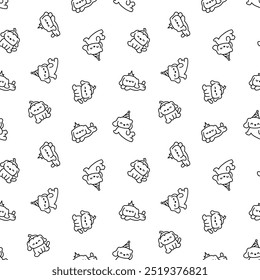 Cute kawaii little dog. Seamless pattern. Coloring Page. Pet cartoon character. Hand drawn style. Vector drawing. Design ornaments.