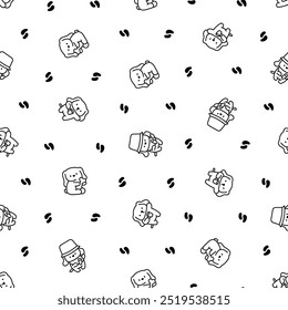 Cute kawaii little dog. Seamless pattern. Coloring Page. Pet cartoon character. Hand drawn style. Vector drawing. Design ornaments.