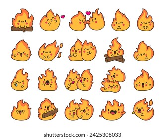 Cute kawaii little fire. Cartoon flame characters. Hand drawn style. Vector drawing. Collection of design elements.