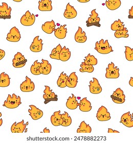 Cute kawaii little fire. Seamless pattern. Cartoon flame characters. Hand drawn style. Vector drawing. Design ornaments.