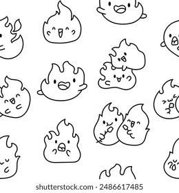 Cute kawaii little fire. Seamless pattern. Coloring Page. Cartoon flame characters. Hand drawn style. Vector drawing. Design ornaments.