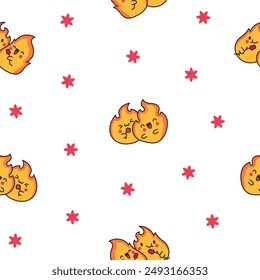 Cute kawaii little fire. Seamless pattern. Cartoon flame characters. Hand drawn style. Vector drawing. Design ornaments.