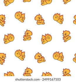 Cute kawaii little fire. Seamless pattern. Cartoon flame characters. Hand drawn style. Vector drawing. Design ornaments.