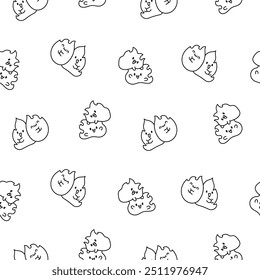 Cute kawaii little fire. Seamless pattern. Coloring Page. Cartoon flame characters. Hand drawn style. Vector drawing. Design ornaments.