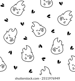 Cute kawaii little fire. Seamless pattern. Coloring Page. Cartoon flame characters. Hand drawn style. Vector drawing. Design ornaments.