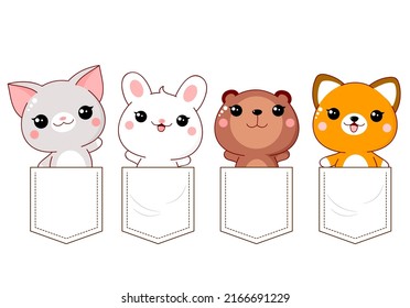 Cute kawaii little fox, cat, bunny, beaver in pocket set. Baby collection of animals in pockets. Childish print with funny characters for t-shirt design. Vector illustration EPS8