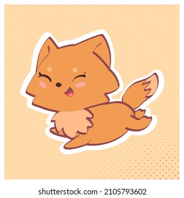 Cute kawaii little fox vector illustration. Running funny character design isolated on beige background. Mascot or sticker template.