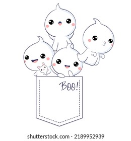 Cute kawaii little ghosts in pocket. Baby print with ghost in pocket. Childish print with funny characters for t-shirt design. Vector illustration EPS8