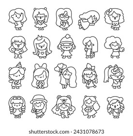 Cute kawaii little girl. Coloring Page. Happy kid cartoon character. Hand drawn style. Vector drawing. Collection of design elements.