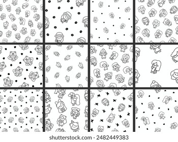 Cute kawaii little girl. Seamless pattern. Coloring Page. Happy kid cartoon character. Hand drawn style. Vector drawing. Collection of design ornaments.
