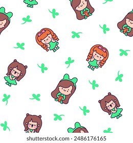 Cute kawaii little girl. Seamless pattern. Happy kid cartoon character. Hand drawn style. Vector drawing. Design ornaments.