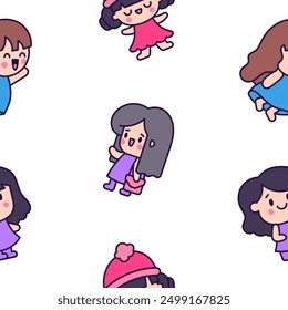 Cute kawaii little girl. Seamless pattern. Happy kid cartoon character. Hand drawn style. Vector drawing. Design ornaments.