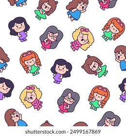 Cute kawaii little girl. Seamless pattern. Happy kid cartoon character. Hand drawn style. Vector drawing. Design ornaments.