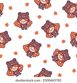 Cute kawaii little girl. Seamless pattern. Happy kid cartoon character. Hand drawn style. Vector drawing. Design ornaments.