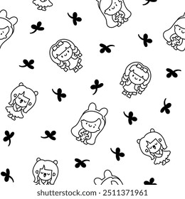 Cute kawaii little girl. Seamless pattern. Coloring Page. Happy kid cartoon character. Hand drawn style. Vector drawing. Design ornaments.