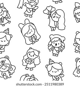 Cute kawaii little girl. Seamless pattern. Coloring Page. Happy kid cartoon character. Hand drawn style. Vector drawing. Design ornaments.