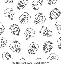 Cute kawaii little girl. Seamless pattern. Coloring Page. Happy kid cartoon character. Hand drawn style. Vector drawing. Design ornaments.