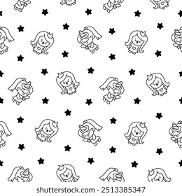 Cute kawaii little girl. Seamless pattern. Coloring Page. Happy kid cartoon character. Hand drawn style. Vector drawing. Design ornaments.