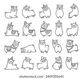 Cute kawaii little llama. Coloring Page. Cartoon funny alpaca, animals character. Hand drawn style. Vector drawing. Collection of design elements.