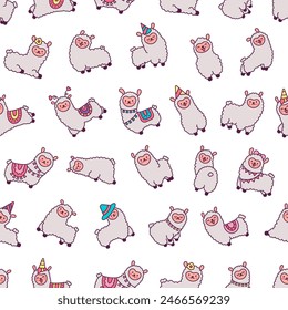 Cute kawaii little llama. Seamless pattern. Cartoon funny alpaca, animals character. Hand drawn style. Vector drawing. Design ornaments.