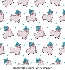 Cute kawaii little llama. Seamless pattern. Cartoon funny alpaca, animals character. Hand drawn style. Vector drawing. Design ornaments.