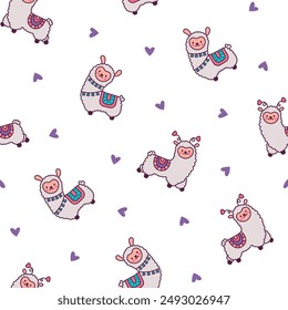 Cute kawaii little llama. Seamless pattern. Cartoon funny alpaca, animals character. Hand drawn style. Vector drawing. Design ornaments.