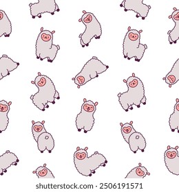 Cute kawaii little llama. Seamless pattern. Cartoon funny alpaca, animals character. Hand drawn style. Vector drawing. Design ornaments.