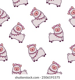 Cute kawaii little llama. Seamless pattern. Cartoon funny alpaca, animals character. Hand drawn style. Vector drawing. Design ornaments.