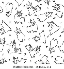 Cute kawaii little llama. Seamless pattern. Coloring Page. Cartoon funny alpaca, animals character. Hand drawn style. Vector drawing. Design ornaments.