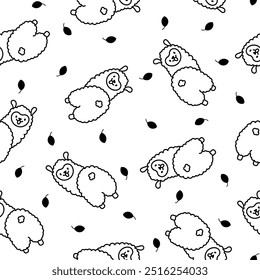 Cute kawaii little llama. Seamless pattern. Coloring Page. Cartoon funny alpaca, animals character. Hand drawn style. Vector drawing. Design ornaments.