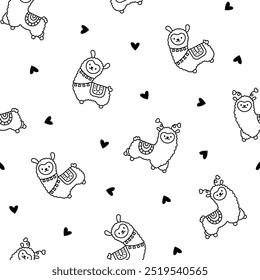 Cute kawaii little llama. Seamless pattern. Coloring Page. Cartoon funny alpaca, animals character. Hand drawn style. Vector drawing. Design ornaments.