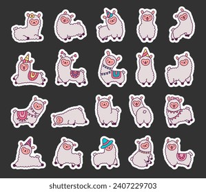 Cute kawaii little llama. Sticker Bookmark. Cartoon funny alpaca, animals character. Hand drawn style. Vector drawing. Collection of design elements.