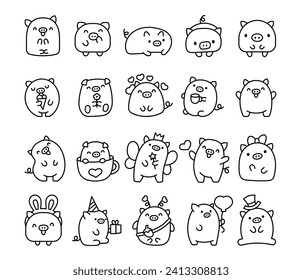 Cute kawaii little pig. Coloring Page. Smiling nice cartoon animal character. Hand drawn style. Vector drawing. Collection of design elements.