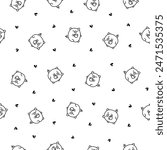Cute kawaii little pig. Seamless pattern. Coloring Page. Smiling nice cartoon animal character. Hand drawn style. Vector drawing. Design ornaments.