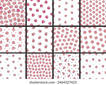 Cute kawaii little pig. Seamless pattern. Smiling nice cartoon animal character. Hand drawn style. Vector drawing. Collection of design ornaments.
