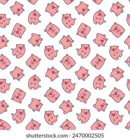 Cute kawaii little pig. Seamless pattern. Smiling nice cartoon animal character. Hand drawn style. Vector drawing. Design ornaments.