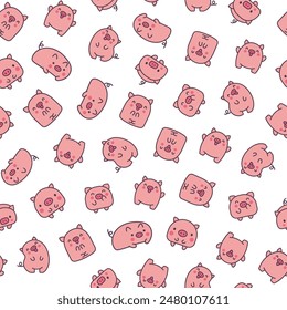 Cute kawaii little pig. Seamless pattern. Smiling nice cartoon animal character. Hand drawn style. Vector drawing. Design ornaments.