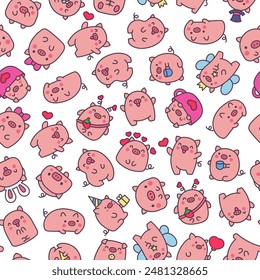 Cute kawaii little pig. Seamless pattern. Smiling nice cartoon animal character. Hand drawn style. Vector drawing. Design ornaments.