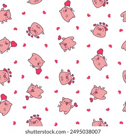 Cute kawaii little pig. Seamless pattern. Smiling nice cartoon animal character. Hand drawn style. Vector drawing. Design ornaments.